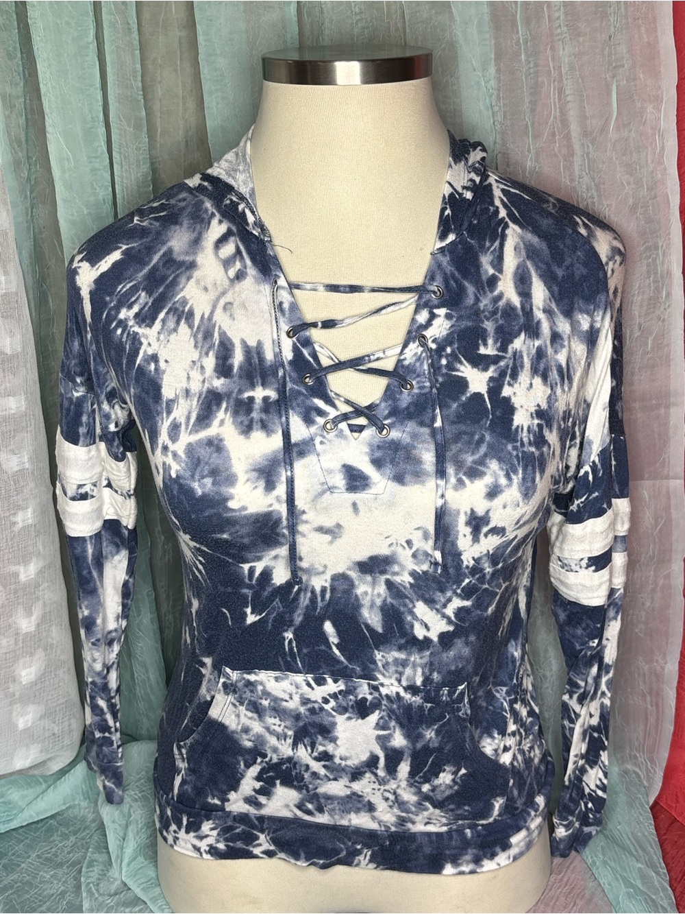 Pink Republic Lace-Up Tie-Dye Hoodie- Navy & White